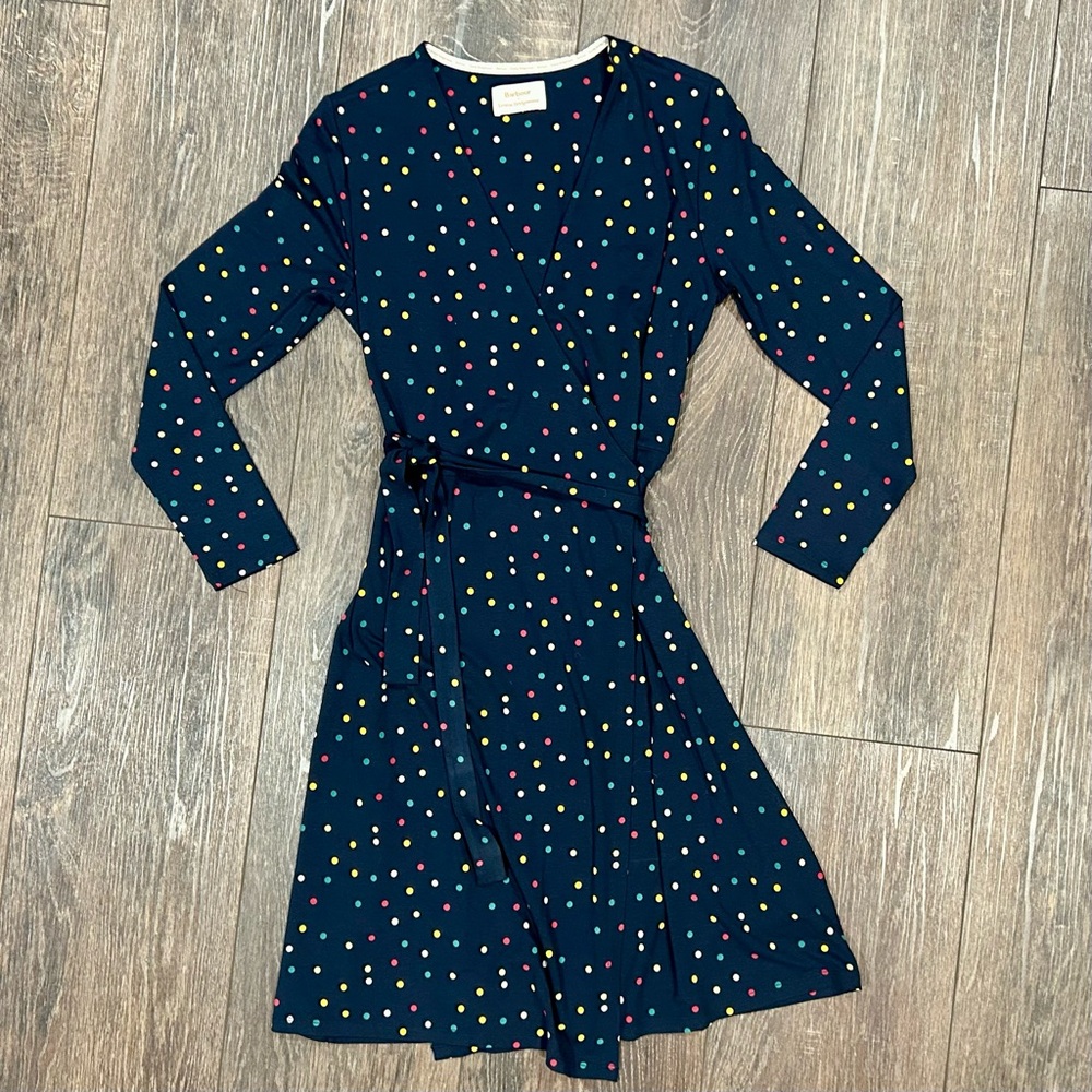 🌸 Barbour x Emma Bridgewater navy wrap dress with colorful dots